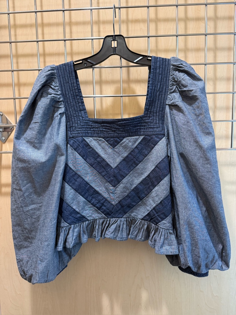 NWT Anthropologie Love the Label XS Chambray/Denim Smocked Full-Sleeved Blouse